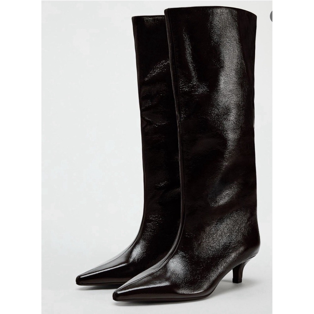 ZARA KITTEN HEEL BOOTS PATENT EFFECT BURGUNDY RED 90s Romantic Indie Sleaze